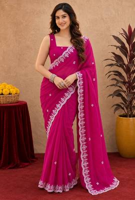 Rani pink soft shimmer chiffon embroidery work saree with unstitched blouse piece 1