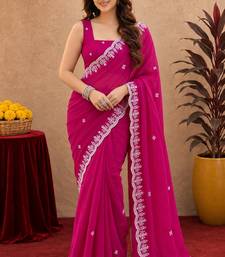 Rani pink soft shimmer chiffon embroidery work saree with unstitched blouse piece