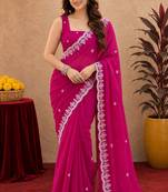 Rani pink soft shimmer chiffon embroidery work saree with unstitched blouse piece