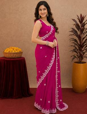 Rani pink soft shimmer chiffon embroidery work saree with unstitched blouse piece 2