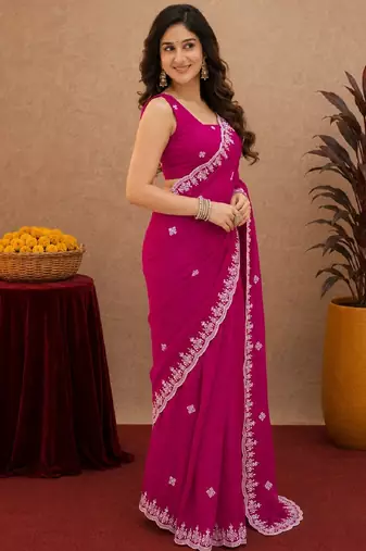 Rani pink soft shimmer chiffon embroidery work saree with unstitched blouse piece