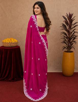 Rani pink soft shimmer chiffon embroidery work saree with unstitched blouse piece 3