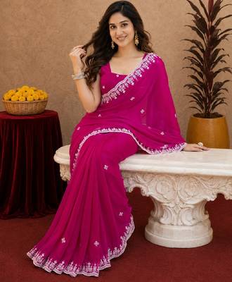 Rani pink soft shimmer chiffon embroidery work saree with unstitched blouse piece 4