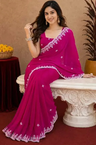 Rani pink soft shimmer chiffon embroidery work saree with unstitched blouse piece
