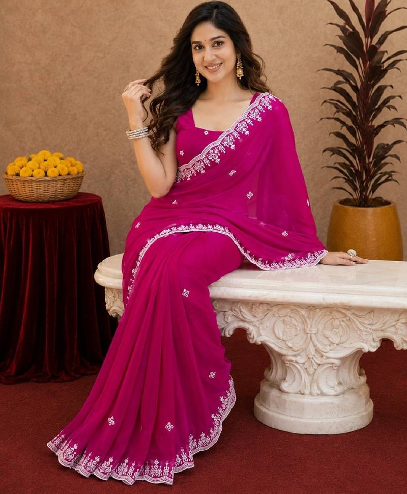 Rani pink soft shimmer chiffon embroidery work saree with unstitched blouse piece
