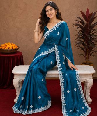 Morpich soft shimmer chiffon embroidery work saree with unstitched blouse piece 1