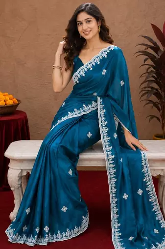 Morpich soft shimmer chiffon embroidery work saree with unstitched blouse piece