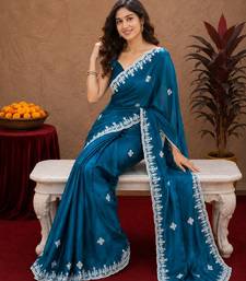 Morpich soft shimmer chiffon embroidery work saree with unstitched blouse piece