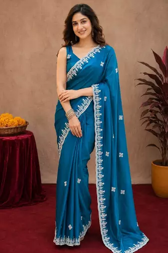 Morpich soft shimmer chiffon embroidery work saree with unstitched blouse piece