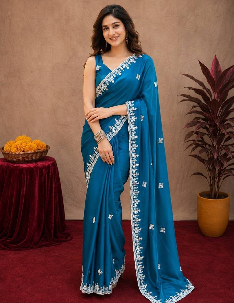 Morpich soft shimmer chiffon embroidery work saree with unstitched blouse piece