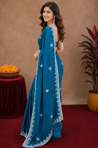 Morpich soft shimmer chiffon embroidery work saree with unstitched blouse piece