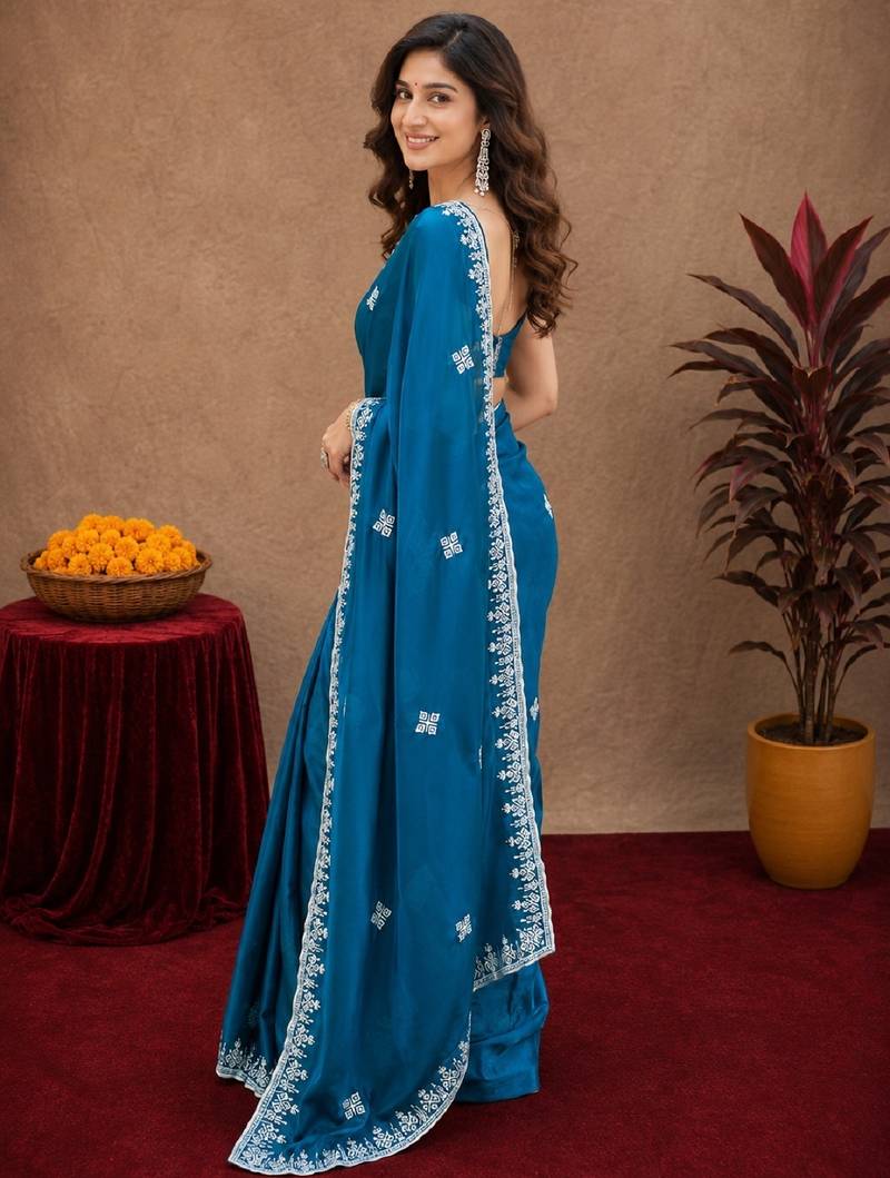 Morpich soft shimmer chiffon embroidery work saree with unstitched blouse piece