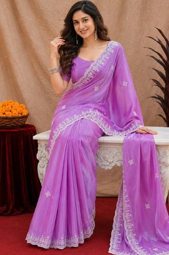 Lavender soft shimmer chiffon embroidery work saree with unstitched blouse piece