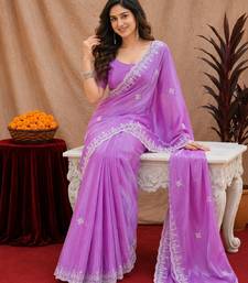 Lavender soft shimmer chiffon embroidery work saree with unstitched blouse piece