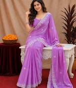 Lavender soft shimmer chiffon embroidery work saree with unstitched blouse piece