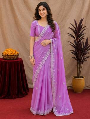Lavender soft shimmer chiffon embroidery work saree with unstitched blouse piece 2