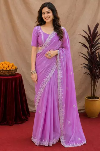 Lavender soft shimmer chiffon embroidery work saree with unstitched blouse piece