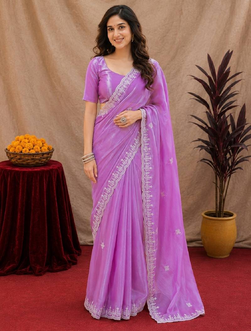 Lavender soft shimmer chiffon embroidery work saree with unstitched blouse piece