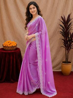 Lavender soft shimmer chiffon embroidery work saree with unstitched blouse piece 3