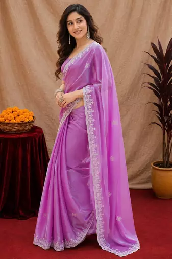 Lavender soft shimmer chiffon embroidery work saree with unstitched blouse piece