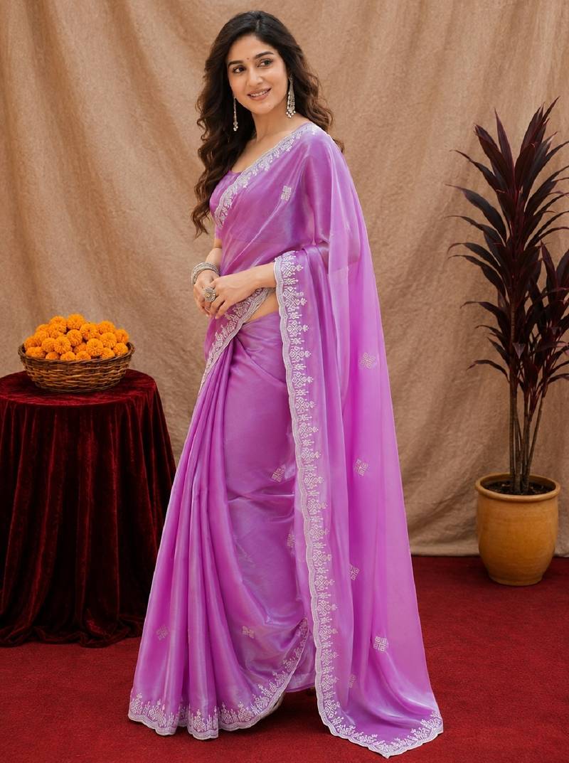 Lavender soft shimmer chiffon embroidery work saree with unstitched blouse piece