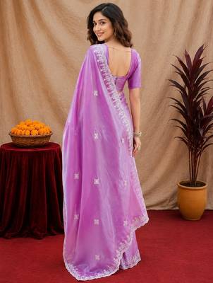 Lavender soft shimmer chiffon embroidery work saree with unstitched blouse piece 4