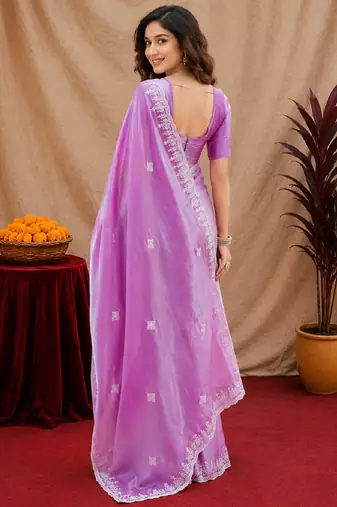 Lavender soft shimmer chiffon embroidery work saree with unstitched blouse piece