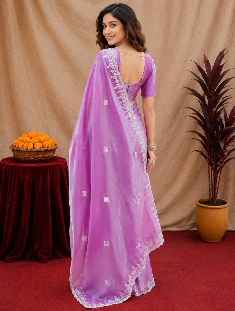 Lavender soft shimmer chiffon embroidery work saree with unstitched blouse piece