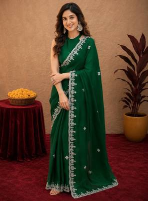Green soft shimmer chiffon embroidery work saree with unstitched blouse piece 1