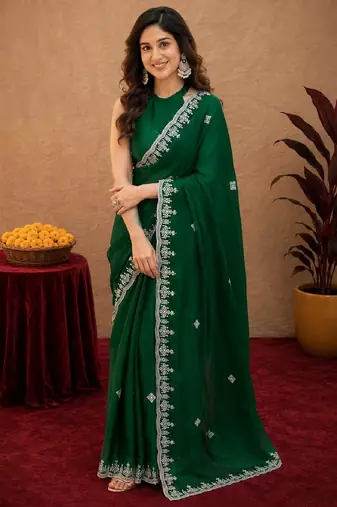 Green soft shimmer chiffon embroidery work saree with unstitched blouse piece