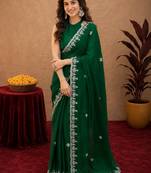 Green soft shimmer chiffon embroidery work saree with unstitched blouse piece