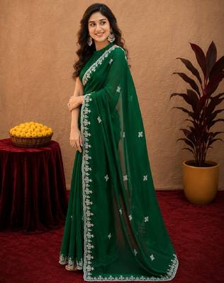 Green soft shimmer chiffon embroidery work saree with unstitched blouse piece 2
