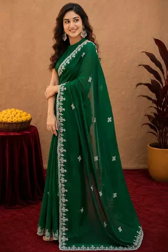 Green soft shimmer chiffon embroidery work saree with unstitched blouse piece