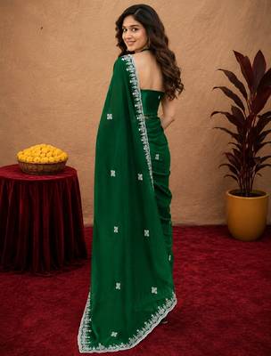 Green soft shimmer chiffon embroidery work saree with unstitched blouse piece 3
