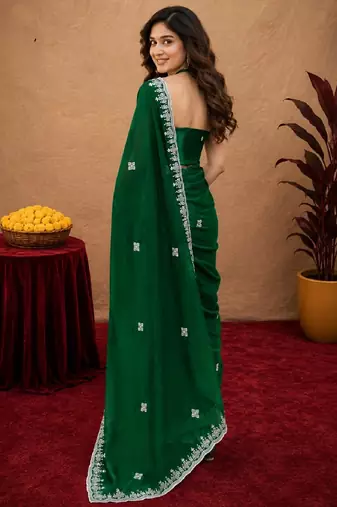 Green soft shimmer chiffon embroidery work saree with unstitched blouse piece