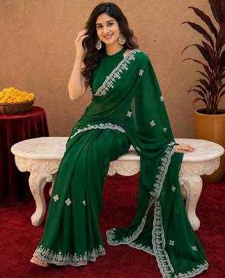 Green soft shimmer chiffon embroidery work saree with unstitched blouse piece 4