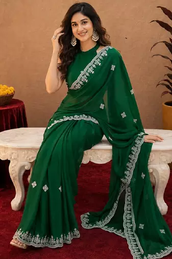 Green soft shimmer chiffon embroidery work saree with unstitched blouse piece