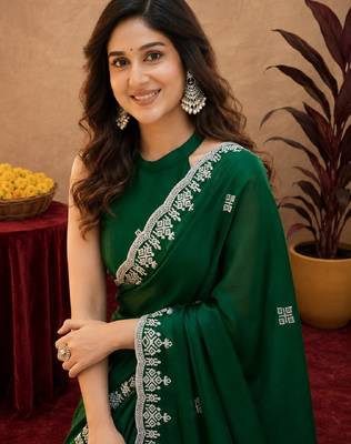 Green soft shimmer chiffon embroidery work saree with unstitched blouse piece 5