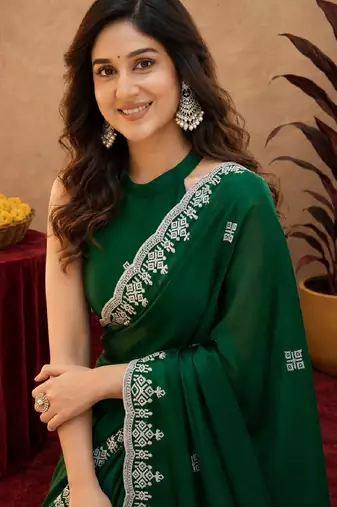 Green soft shimmer chiffon embroidery work saree with unstitched blouse piece
