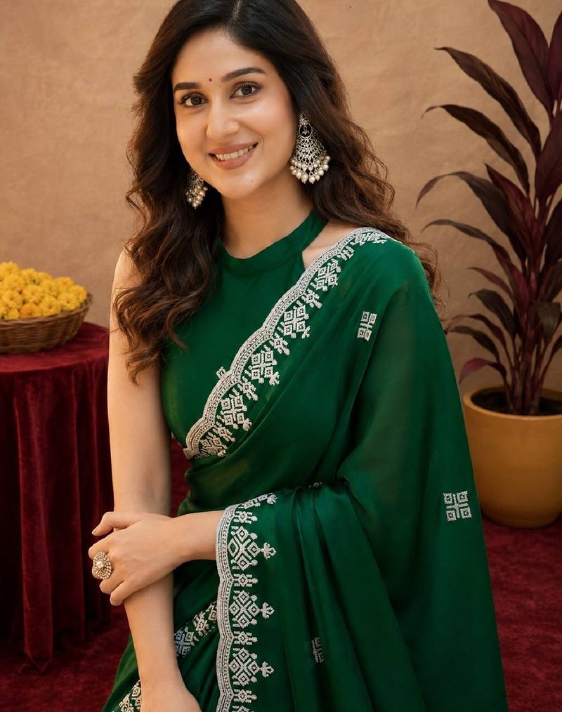 Green soft shimmer chiffon embroidery work saree with unstitched blouse piece