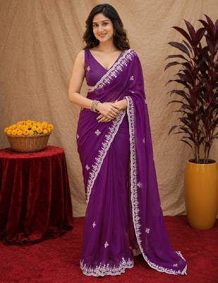 Purple soft shimmer chiffon embroidery work saree with unstitched blouse piece 1