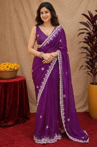 Purple soft shimmer chiffon embroidery work saree with unstitched blouse piece