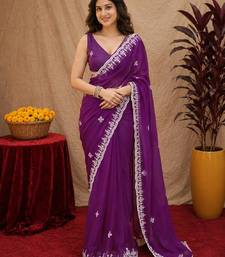 Purple soft shimmer chiffon embroidery work saree with unstitched blouse piece