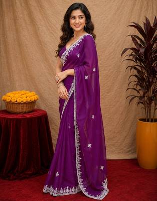 Purple soft shimmer chiffon embroidery work saree with unstitched blouse piece 2