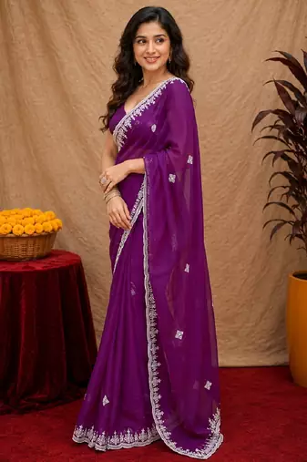 Purple soft shimmer chiffon embroidery work saree with unstitched blouse piece