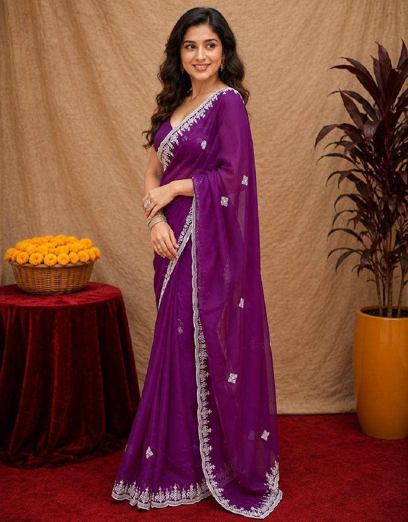 Purple soft shimmer chiffon embroidery work saree with unstitched blouse piece