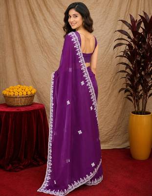 Purple soft shimmer chiffon embroidery work saree with unstitched blouse piece 3