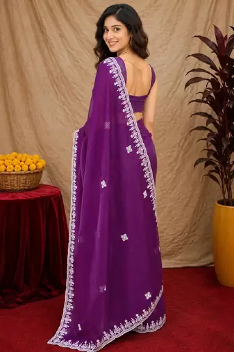 Purple soft shimmer chiffon embroidery work saree with unstitched blouse piece