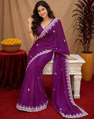 Purple soft shimmer chiffon embroidery work saree with unstitched blouse piece 4
