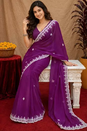 Purple soft shimmer chiffon embroidery work saree with unstitched blouse piece